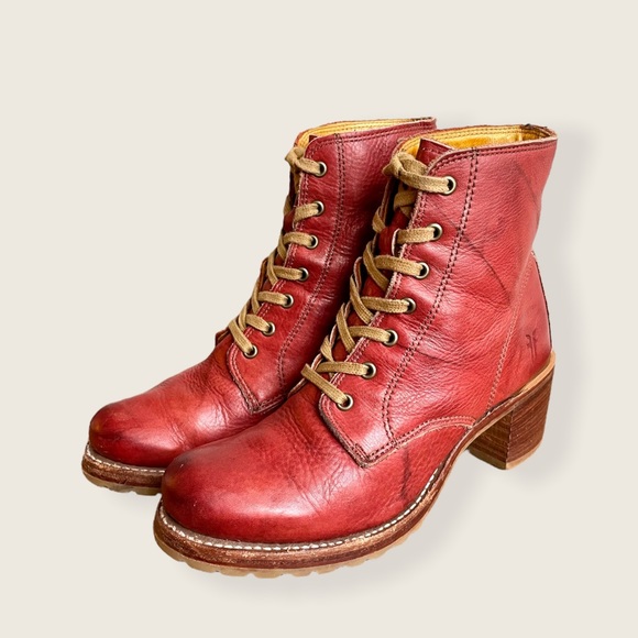 Frye Sabrina 6G Burgundy Vintage Leather Combat Lace Up Block Heel Ankle Boots - Picture 8 of 12